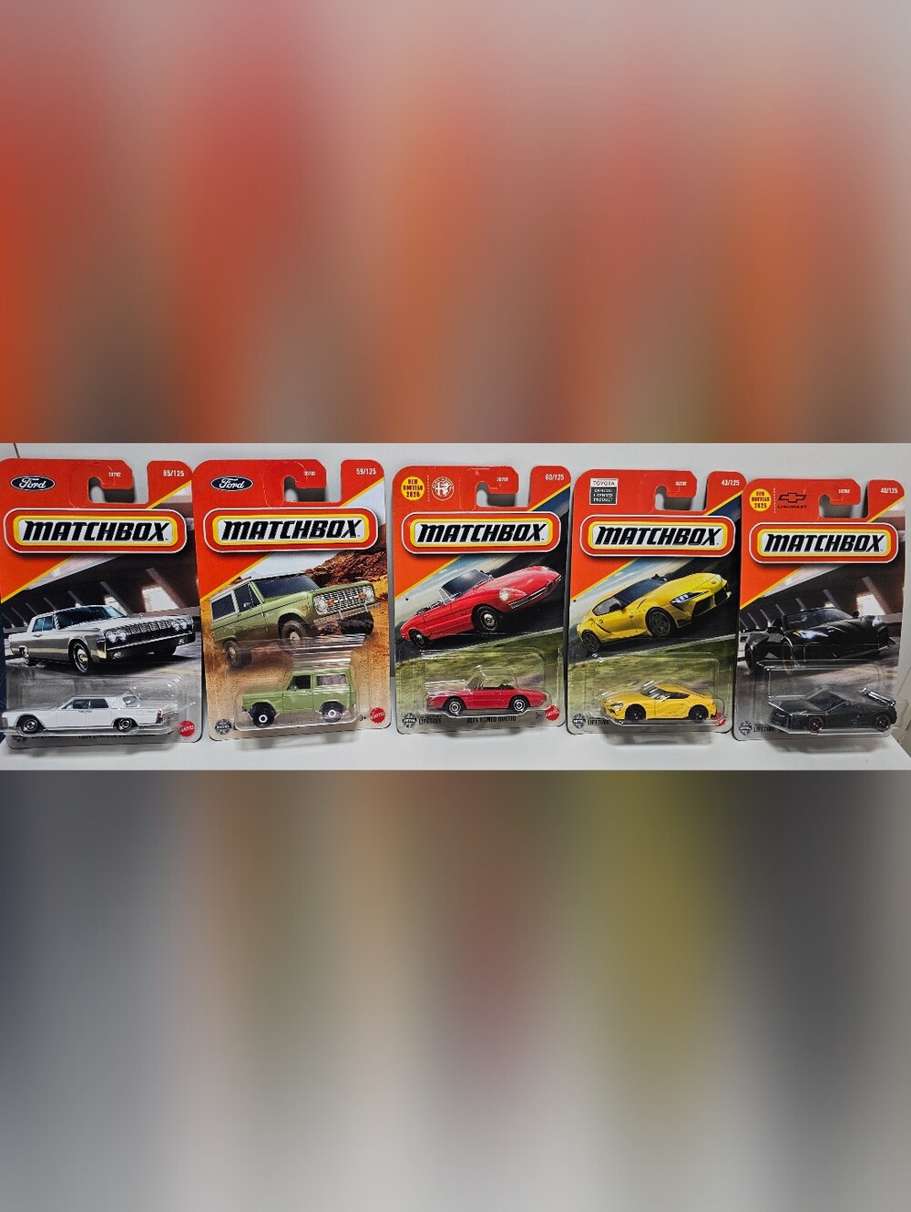 Matchbox 5 Car Lot Ford Bronco Toyota Supra Corvette Alfa Romeo Lincoln New